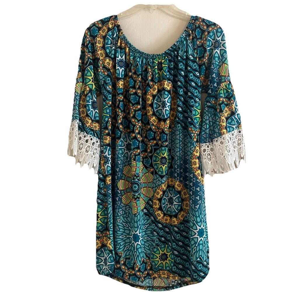 WinWin Tunic Top Womens L-XL Blue Lace Geometric Off-Shoulder Boho Flowy Blouse